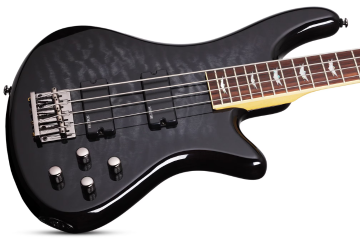 Contrabaixo Schecter Stiletto Extreme-4 See-Thru Black Top Maple Figured Captadores Diamond Bass Humbucker Eletrônica Ativa 2 Bandas 2503