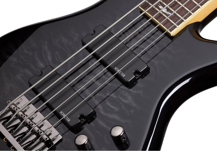 Contrabaixo Schecter Stiletto Extreme-5 5 Cordas See-Thru Black Top Maple Figured Captadores Diamond Bass Humbucker Eletrônica Ativa 2 Bandas 2504