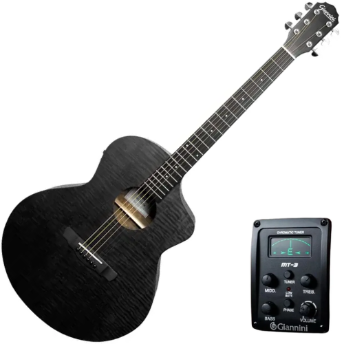 Violão Eletroacústico Giannini Acoustik GJM CEQ SBK Satin Black Aço com Corpo Mini Jumbo Cutaway e Equalizador MT-3 3 Bandas e Bag