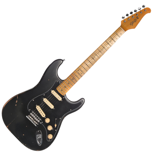 Guitarra Seizi Shinobi Relic Black SSS com Corpo Alder Braço Maple Perfil C Thin Captadores Seizi Vintage Alnico V Ponte Tremolo 6 Parafusos Trastes Inox e Case 10360713