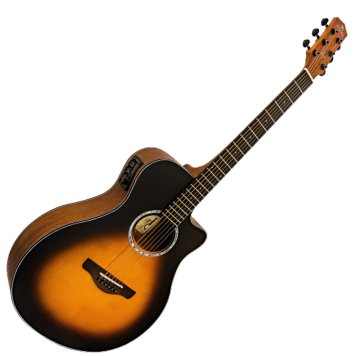 Violão Eletroacústico Michael Stellar VMS260 SB (Sunburst) com Tampo Spruce Pré Michael Cleverly Tarraxas Matte Black Die Cast Encordoamento Aço e Acabamento Open Pore