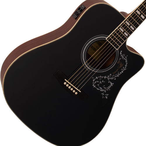 Violão Eletroacústico Michael Folk Freebird VMF440 BT (Black Top) com Tampo Spruce Pré Michael Cleverly Tarraxas Die Cast Encordoamento Aço e Acabamento Brilhante