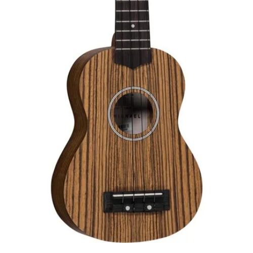 Ukulele Acústico Michael MK21ZB Natural com Tampo Zebra Wood Fundo e Laterais Zebra Wood Escala Blackwood e Cavalete BlackwoodHTML