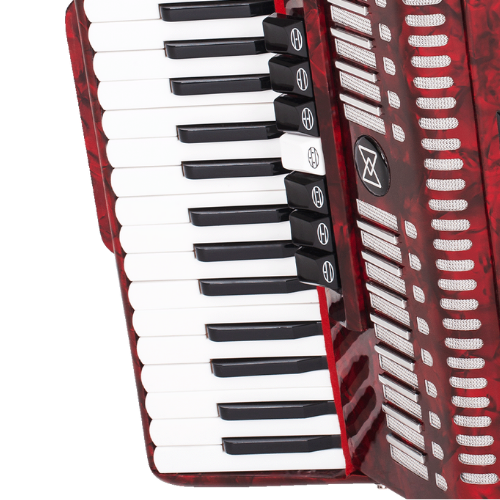 Acordeon Michael ACM12007N Vermelho Perolado 120 Baixos 7 Registros 3ª Voz 41 Teclas Palhetas Aço Inoxidável Fole Linho Couro Bag e Alça
