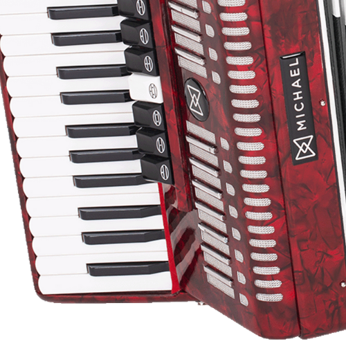 Acordeon Michael ACM8007N Vermelho Perolado 80 Baixos 7 Registros Terça de Voz 37 Teclas Palhetas Aço Inoxidável Fole Linho Couro Bag com Rodinhas e Alça
