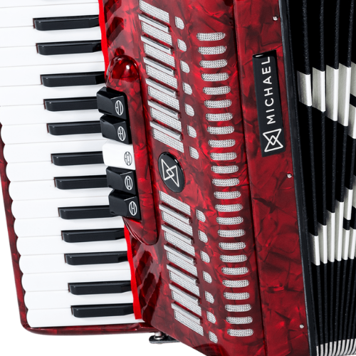 Acordeon Michael ACM6005N Vermelho Perolado 60 Baixos 5 Registros 3ª Voz 34 Teclas Palhetas Aço Inoxidável Fole Linho Couro Bag Mochila com Rodinhas e Alça