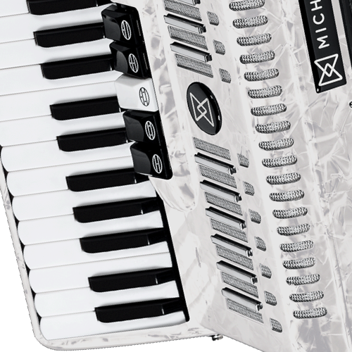 Acordeon Michael ACM6005N Branco Perolado 60 Baixos 5 Registros 3ª Voz 34 Teclas Palhetas Aço Inoxidável Fole Linho Couro Bag Mochila com Rodinhas e Alça