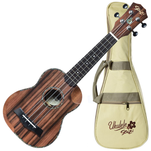 Ukulele Acústico Seizi Bora Bora Crush Soprano Ebony com Bag Half Cutaway Nut e Rastilho em Osso Encordoamento Aquila e Detalhes em Abalone 10360302