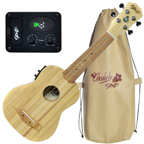 Ukulele Eletroacústico Seizi Bali Soprano Solid Bamboo com Bag Nut e Rastilho em Osso Encordoamento Aquila e Detalhes em Abalone 10360372