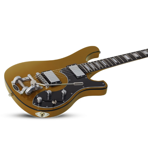 Guitarra Schecter Stargazer-6 Vibrato MG Metallic Gold com Corpo em Mogno Braço em Maple 3 Peças Set-Neck Escala em Ébano com 22 Jumbo Frets Captadores Schecter USA SuperRock Vintage 677