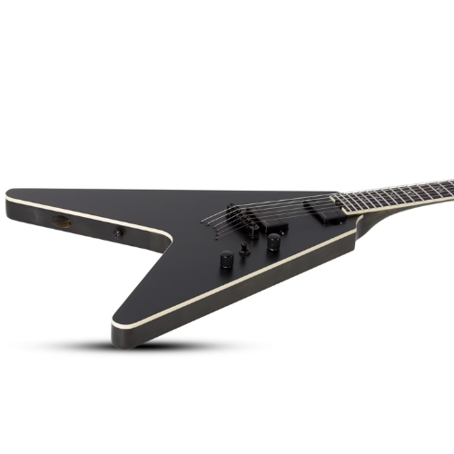 Guitarra Schecter V-1 SLS Elite Evil Twin Satin Black com Corpo em Swamp Ash Reforço de Carbon Fiber Escala em Ébano Compound Radius Captadores Fishman Fluence Modern 1346