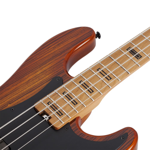 Contrabaixo Schecter P-4 Exotic Faded Vintage Sunburst com Corpo em Swamp Ash e Topo em Zebrawood Braço Roasted Maple Reforço de Carbon Fiber Escala Roasted Maple Captador EMG Metal Works Ponte Schecter High Mass Bass String 2927