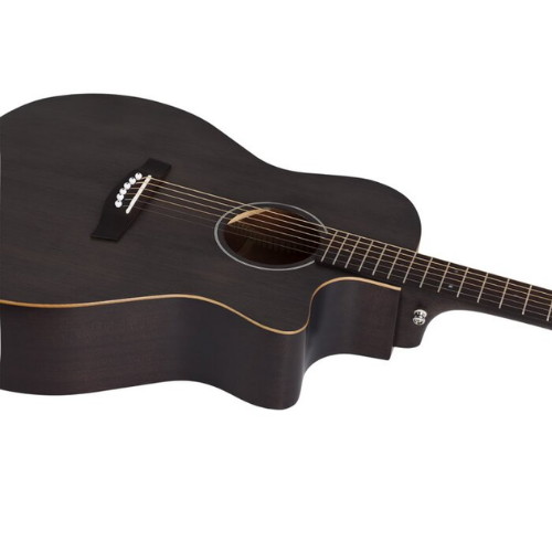 Violão Acústico Schecter Deluxe Satin See Thru Black com Tampo Spruce Fundo e Laterais Mogno Braço Mogno Set-Neck Dovetail Perfil Thin Escala Pau-Rosa com 20 Trastes Médios Nut Osso e Ponte Pau-Rosa 3716