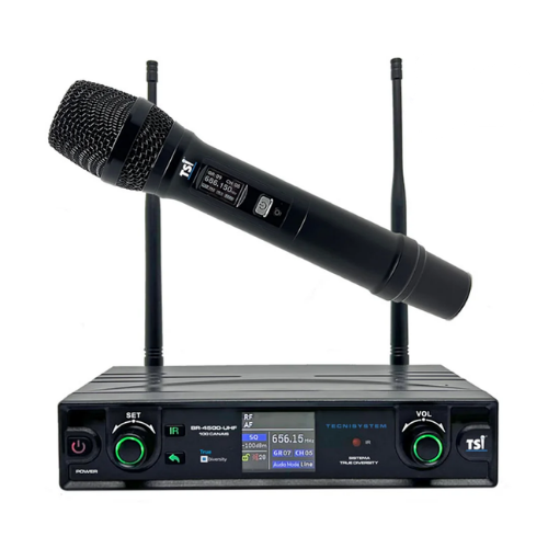 Microfone Sem Fio TSI BR 4500 UHF com Tecnologia Duo-Diversity e 100 Canais – Sistema UHF 614 698 MHz com Receptor True Diversity Microfone de Mão Super Cardióide SC-8 Fonte Bivolt