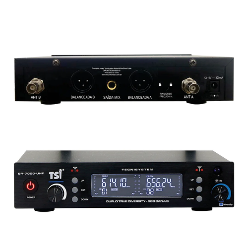 Microfone Sem Fio TSI BR 7000 UHF Duplo com Tecnologia Duo-4 Diversity e 300 Canais Sistema UHF 614-698 MHz com Receptor True Diversity em Metal 2 Microfones de Mão Super Cardióide SC-8 em Metal Fonte Bivolt