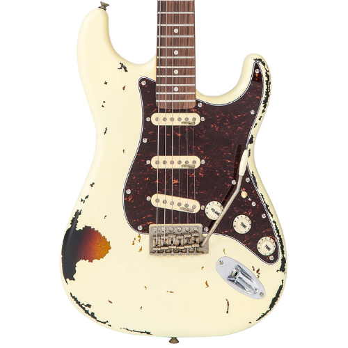 Guitarra Vintage Icon V6MRVW STR Destressed White On Sunburst com Corpo Sólido Braço Hard Rock Maple Escala Rosewood 22 Trastes 3 Captadores Wilkinson WVS Alnico V Ponte Vibrato Wilkinson