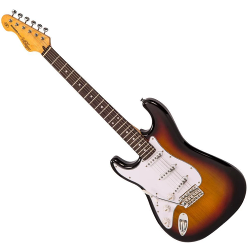 Guitarra Vintage Reissued LV6SSB Strato Canhoto Sunburst com Corpo Poplar Oriental Braço Hard Maple Parafusado Escala Rosewood 22 Trastes 3 Captadores Single Coil Wilkinson Ponte Tremolo Wilkinson
