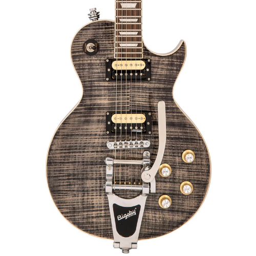 Guitarra Vintage Reissued V100BLB With Bigsby Flamed Thru Black com Corpo Mahogany Top Maple Carved Flamed Braço Mahogany Set Neck Escala Rosewood 2 Captadores Humbucker Wilkinso Ponte Wilkinson TOM Vibrato Bigsby