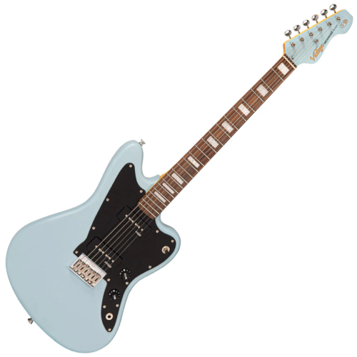 Guitarra Vintage Reissued V65HBL Jaguar Hardtail Satin Blue com Corpo Alder Braço Maple Parafusado Escala Rosewood 2 Captadores Single Coil Wilkinson Ponte Hardtail Compensada