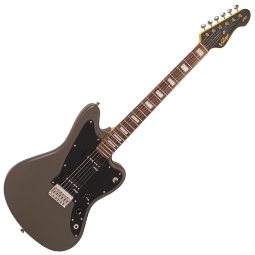 Guitarra Vintage Reissued V65HGY Jaguar Hardtail Satin Grey com Corpo Alder Braço Maple Parafusado Escala Rosewood 2 Captadores Single Coil Wilkinson Ponte Hardtail Compensada