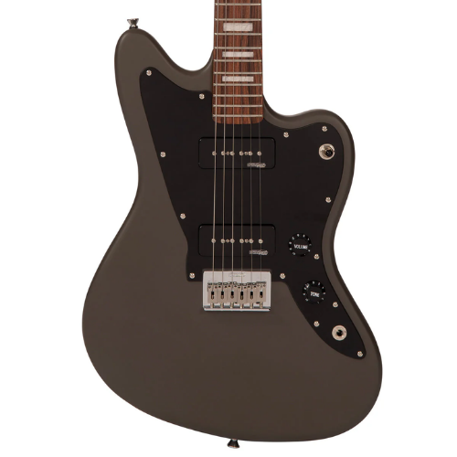 Guitarra Vintage Reissued V65HGY Jaguar Hardtail Satin Grey com Corpo Alder Braço Maple Parafusado Escala Rosewood 2 Captadores Single Coil Wilkinson Ponte Hardtail Compensada
