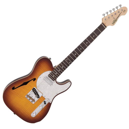 Guitarra Vintage Reissued V72FBT Deluxe Flame Tabacco Burst com Corpo Alder Chambered Tampo Maple Flamejado Braço Maple Parafusado Escala Rosewood 2 Captadores Wilkinson Ponte Hardtail WTB Compensada