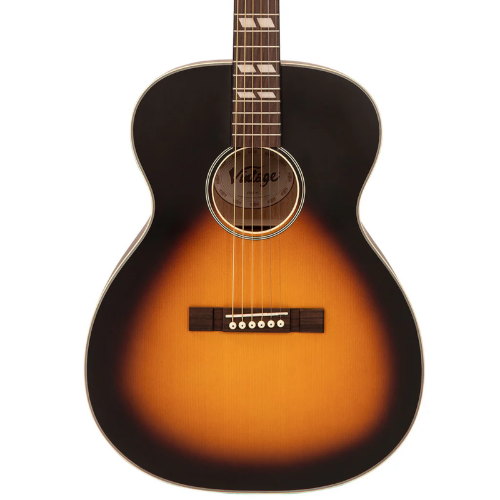 Violão Vintage VE160V SB Elétroacustico Orquestra Sunburst com Tampo Spruce Fundo e Laterais Mogno Braço Mogno 20 Trastes Pré-amplificador Vintage com Afinador e Equalizador
