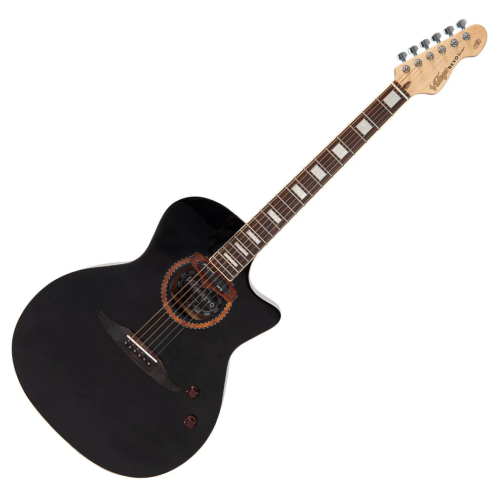 Violão Vintage VRE 900 BK Revo Elektra Eletroacústico Black com Corpo Acacia Tampo Acacia Braço Maple Parafusado Escala Rosewood 20 Trastes Captador Alan Entwistle Astrosonic QX Pré-amplificador com 5-Way Rotary Selector