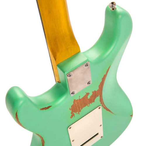 Guitarra Vintage V6 Icon Distressed Ventura Green com Corpo Poplar Braço Maple Escala Rosewood 22 Trastes 3 Captadores Single Coil Wilkinson WVS Ponte Vibrato Wilkinson