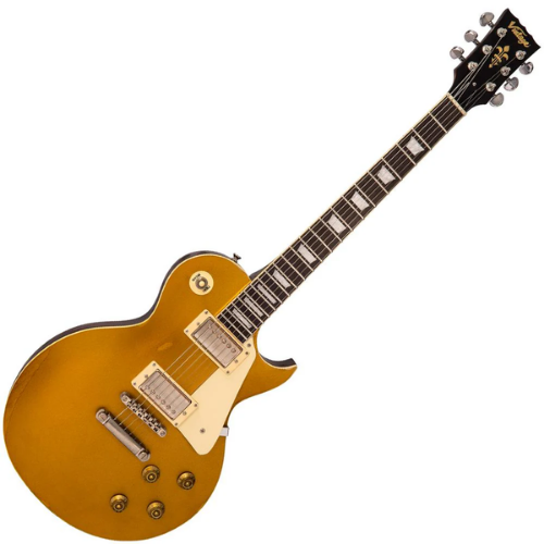Guitarra Vintage V100 Icon Distressed HH Gold Top com Corpo Mogno Braço Mogno Escala Rosewood 22 Trastes 2 Captadores Humbucker Wilkinson MWVC Ponte Wilkinson TOM