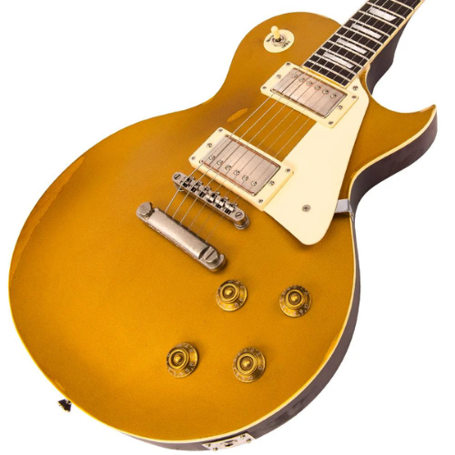 Guitarra Vintage V100 Icon Distressed HH Gold Top com Corpo Mogno Braço Mogno Escala Rosewood 22 Trastes 2 Captadores Humbucker Wilkinson MWVC Ponte Wilkinson TOM
