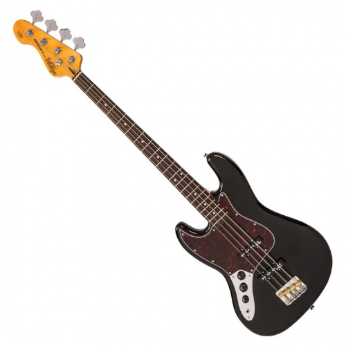 Contrabaixo Vintage Canhoto VJ74 Reissued Gloss Black com Corpo Alder Braço Maple Parafusado Escala Rosewood 20 Trastes 2 Captadores Single Coil Wilkinson WOJB Ponte Wilkinson Four Saddle