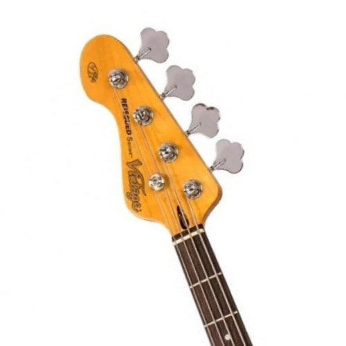 Contrabaixo Vintage Canhoto VJ74 Reissued Gloss Black com Corpo Alder Braço Maple Parafusado Escala Rosewood 20 Trastes 2 Captadores Single Coil Wilkinson WOJB Ponte Wilkinson Four Saddle