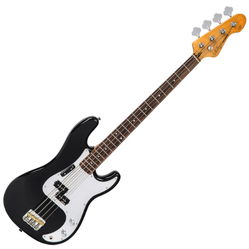 Contrabaixo Vintage V4 Reissued Rocker Black Mirror Scratchplate com Corpo Alder Braço Maple Escala Rosewood 20 Trastes Captador Single Coil Wilkinson Ponte Wilkinson Four Saddle