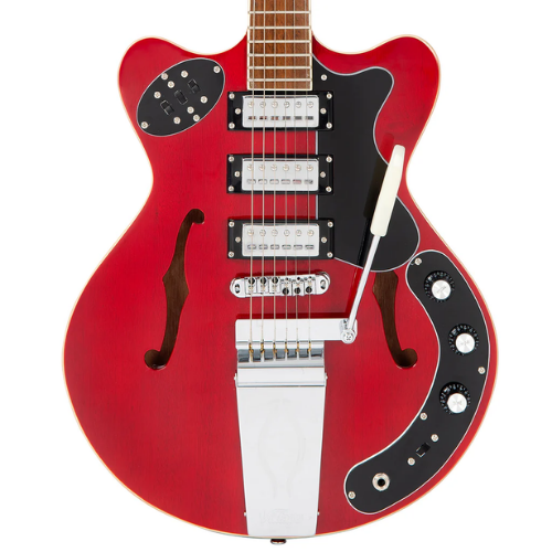 Guitarra Vintage Revo Series Superthin Cherry Red com Corpo Okoume Braço Mogno Escala Jatobá 22 Trastes 3 Captadores Entwistle HFS63 Ponte Roller Vibrato Vintage