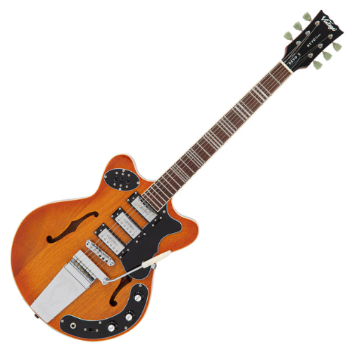 Guitarra Vintage Revo Series Superthin Amberburst com Corpo Okoume Braço Mogno Escala Jatobá 22 Trastes 3 Captadores Entwistle HFS63 Ponte Roller Vibrato Vintage