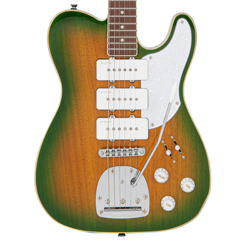 Guitarra Vintage Revo Series Trio Green Yellowburst com Corpo Okoume Braço Maple Escala Jatobá 22 Trastes 3 Captadores P90 Entwistle Ponte Roller Vibrato Offset