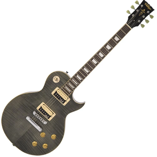 Guitarra Vintage V100T Reissued Flamed Thru Black com Corpo Mogno Braço Mogno Escala Rosewood 22 Trastes 2 Humbuckers Wilkinson Ponte TOM