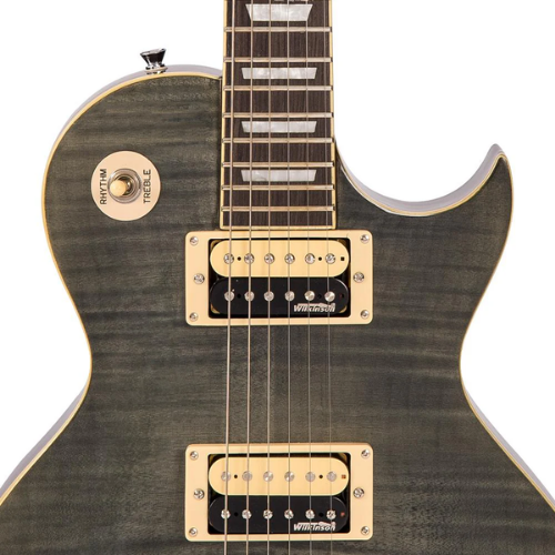Guitarra Vintage V100T Reissued Flamed Thru Black com Corpo Mogno Braço Mogno Escala Rosewood 22 Trastes 2 Humbuckers Wilkinson Ponte TOM