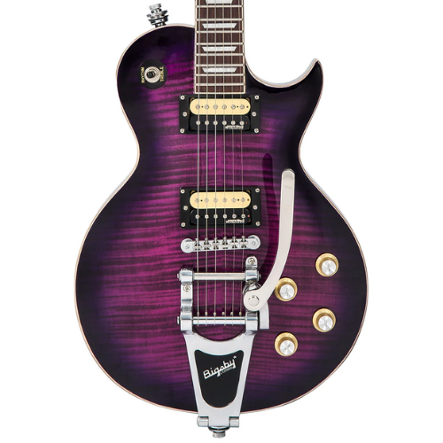 Guitarra Vintage V100 Reissued Bigsby Flamed Purpleburst com Corpo Mogno Braço Mogno Escala Rosewood 22 Trastes 2 Humbuckers Wilkinson Ponte TOM com Bigsby