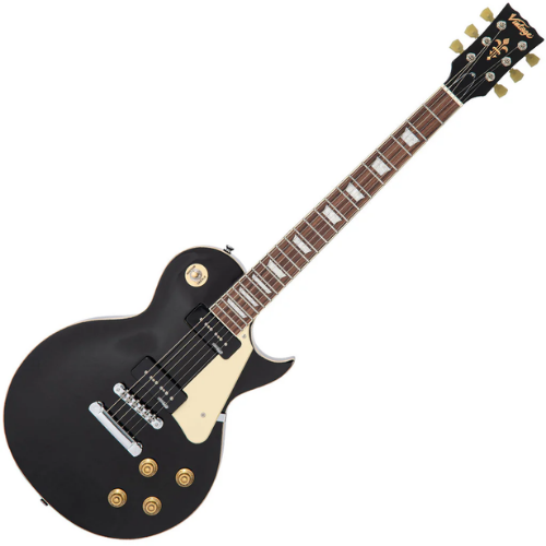 Guitarra Vintage V100P Reissued Gloss Black com Corpo Mogno Braço Mogno Escala Rosewood 22 Trastes 2 Captadores Soapbar Wilkinson Ponte TOM