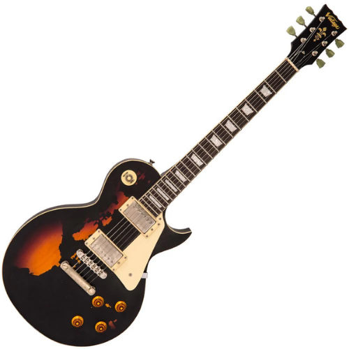 Guitarra Vintage V100 Icon Distressed Black Over Sunburst com Corpo Mogno Braço Mogno Escala Rosewood 22 Trastes 2 Humbuckers Wilkinson Ponte TOM