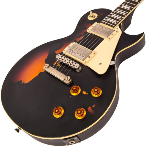 Guitarra Vintage V100 Icon Distressed Black Over Sunburst com Corpo Mogno Braço Mogno Escala Rosewood 22 Trastes 2 Humbuckers Wilkinson Ponte TOM