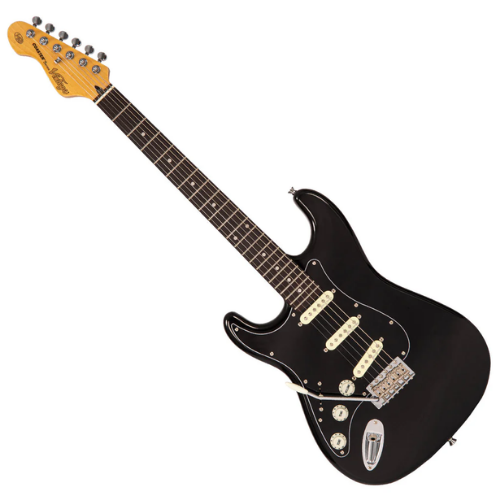 Guitarra Canhota Vintage V60 Coaster Series Boulevard Black com Corpo Paulownia Braço Maple Escala Rosewood 22 Trastes 3 Captadores Single Coil Entwistle Ponte Vibrato
