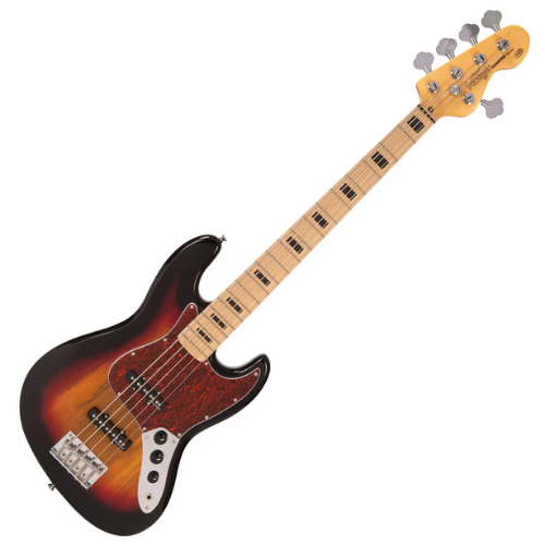 Contrabaixo Vintage V495 Coaster Series 5 Cordas 3-Tone Sunburst com Corpo Paulownia Braço Maple Escala Maple 20 Trastes 2 Captadores Single Coil Entwistle Ponte Intonatable