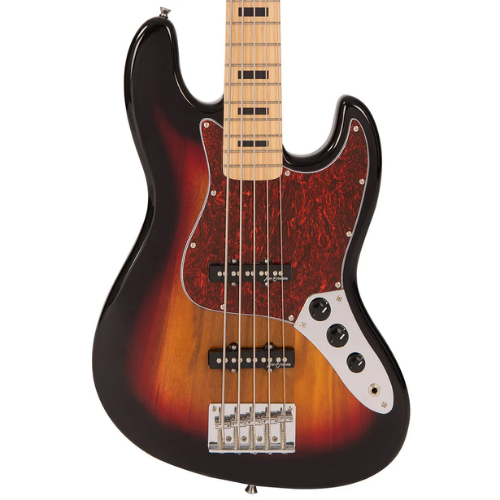 Contrabaixo Vintage V495 Coaster Series 5 Cordas 3-Tone Sunburst com Corpo Paulownia Braço Maple Escala Maple 20 Trastes 2 Captadores Single Coil Entwistle Ponte Intonatable