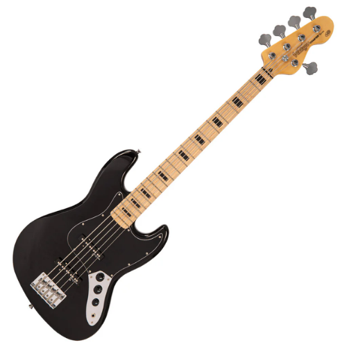 Contrabaixo Vintage V495 Coaster Series 5 Cordas Gloss Black com Corpo Paulownia Braço Maple Escala Maple 20 Trastes 2 Captadores Single Coil Entwistle Ponte Intonatable