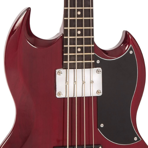 Contrabaixo Vintage VS4 Reissued Cherry Red com Corpo Mogno Braço Mogno Set Escala Rosewood 20 Trastes 2 Captadores Double Coil Wilkinson Ponte Fixed