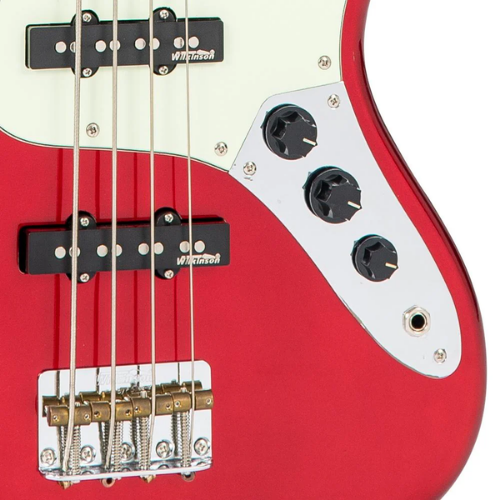 Contrabaixo Vintage VJ74 Reissued Candy Apple Red com Corpo Alder Braço Maple Escala Rosewood 20 Trastes 2 Single Coil Wilkinson Ponte Wilkinson Four Saddle