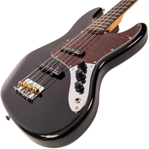 Contrabaixo Vintage VJ74 Reissued Gloss Black com Corpo Alder Braço Maple Escala Rosewood 20 Trastes 2 Single Coil Wilkinson Ponte Wilkinson Four Saddle